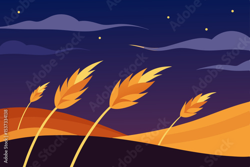Night Wheat Field Golden Stalks Swaying Under Starlit Sky