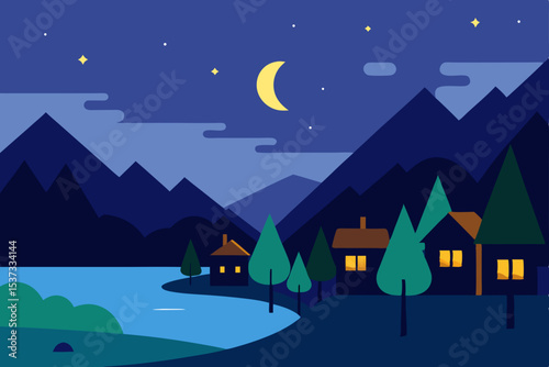 Serene Night in the Mountains A Cozy Village by the Lake Under a Crescent Moon