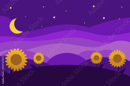 Serene Night Landscape Sunflowers Under a Crescent Moon and Starry Sky