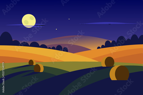 Serene Night Landscape Rolling Hills, Hay Bales, and a Harvest Moon