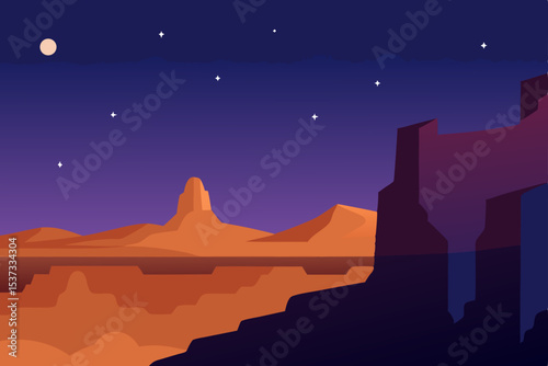 Desert Night Landscape Starry Sky over Canyon Cliffs and Mesas