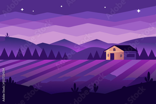 Serene Nightfall Purple Lavender Fields and Farmhouse Illustration