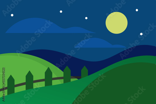 Serene Night Landscape Moonlit Hills and Starry Sky