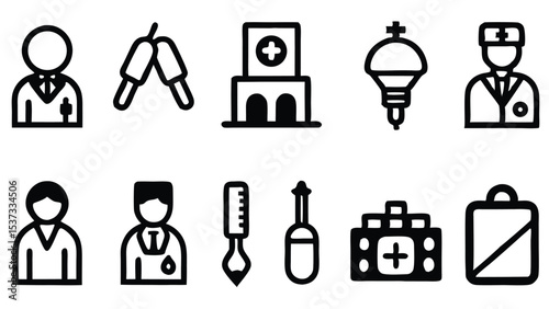 Black and white healthcare and medical icon set illustrating doctors, tools, and buildings