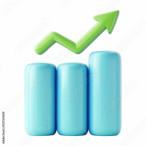 Cute 3D bar chart with glossy blue columns and rising green arrow, symbol of business growth or success, isolated on white background.