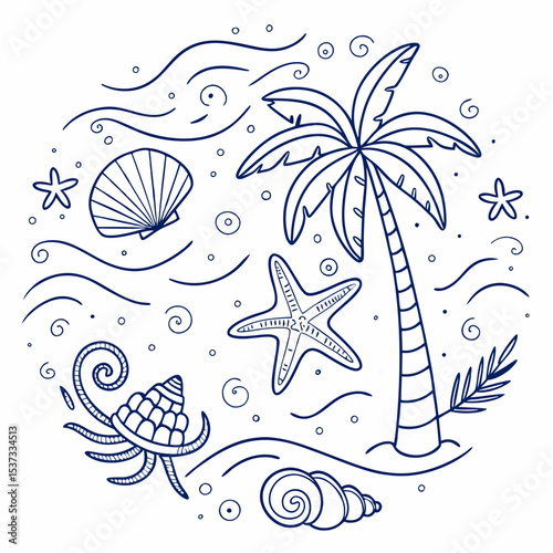 “Tropical Ocean Doodle Elements – Hand-drawn Summer Beach Icons in Blue Line Art”