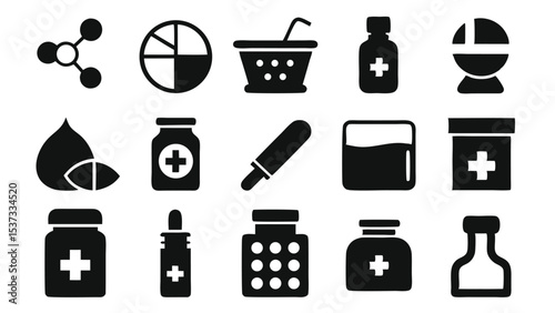 A collection of medicine icons in black illustrating healthcare concepts and remedies