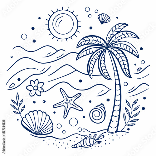 “Tropical Ocean Doodle Elements – Hand-drawn Summer Beach Icons in Blue Line Art”