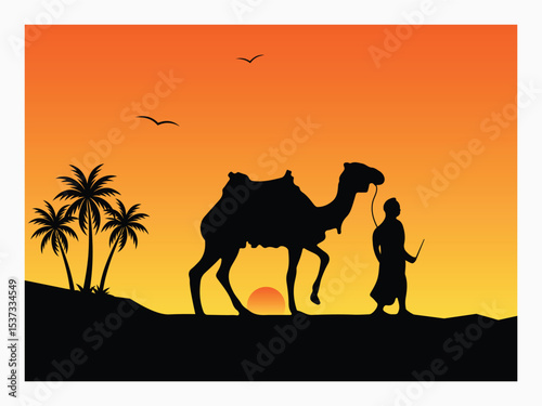 A sunset scenario of a desert with Camel