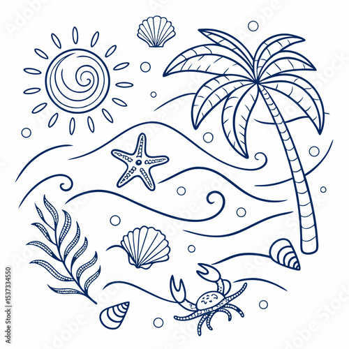 “Tropical Ocean Doodle Elements – Hand-drawn Summer Beach Icons in Blue Line Art”