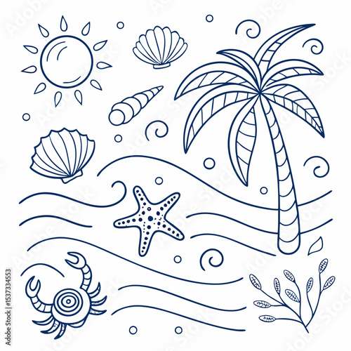 “Tropical Ocean Doodle Elements – Hand-drawn Summer Beach Icons in Blue Line Art”