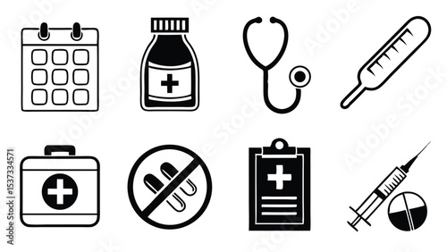 Black and white healthcare icon set representing medical supplies and instruments