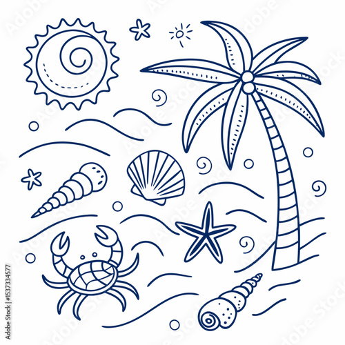“Tropical Ocean Doodle Elements – Hand-drawn Summer Beach Icons in Blue Line Art”