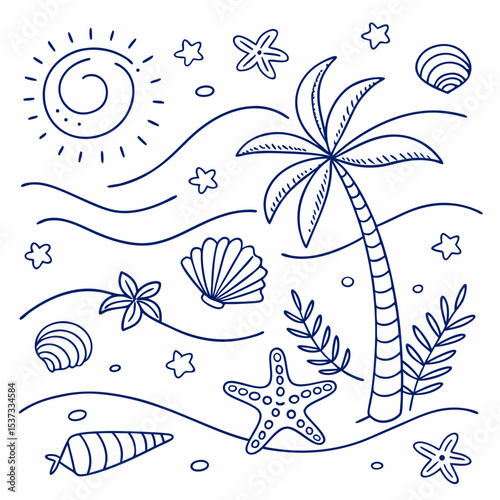 “Tropical Ocean Doodle Elements – Hand-drawn Summer Beach Icons in Blue Line Art”