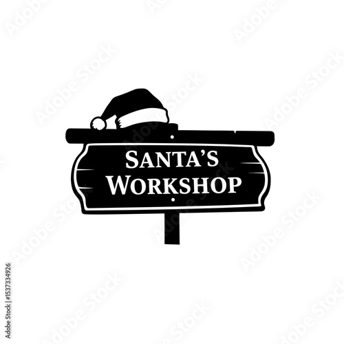 Santa's workshop sign with hat on top in black and silhouette