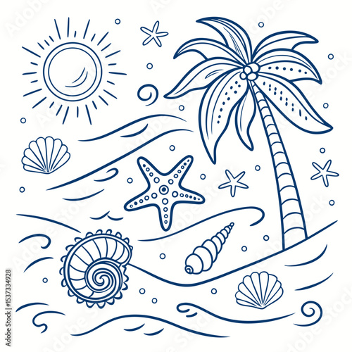 “Tropical Ocean Doodle Elements – Hand-drawn Summer Beach Icons in Blue Line Art”