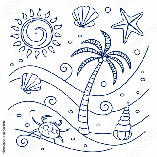“Tropical Ocean Doodle Elements – Hand-drawn Summer Beach Icons in Blue Line Art”
