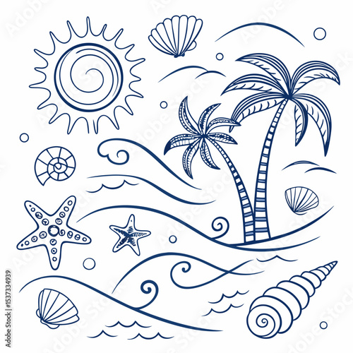 “Tropical Ocean Doodle Elements – Hand-drawn Summer Beach Icons in Blue Line Art”