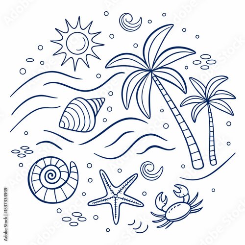 “Tropical Ocean Doodle Elements – Hand-drawn Summer Beach Icons in Blue Line Art”