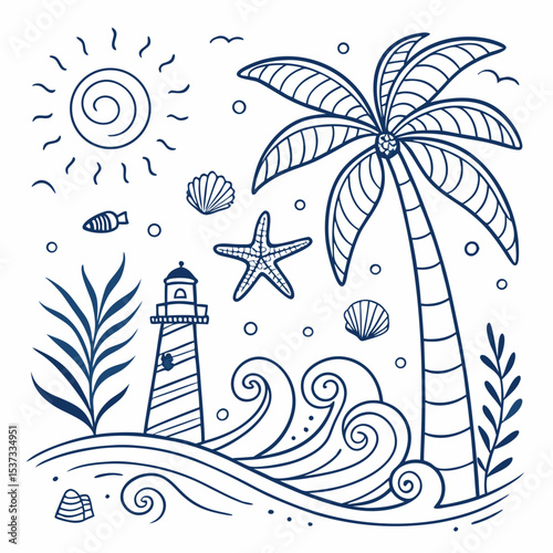 “Tropical Ocean Doodle Elements – Hand-drawn Summer Beach Icons in Blue Line Art”