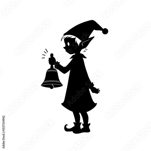 Silhouette of an elf ringing a christmas bell icon