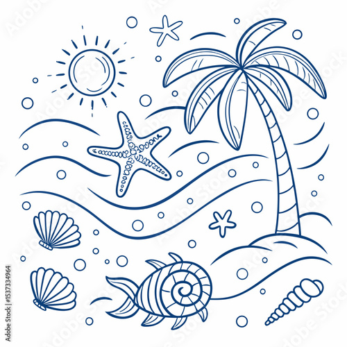 “Tropical Ocean Doodle Elements – Hand-drawn Summer Beach Icons in Blue Line Art”
