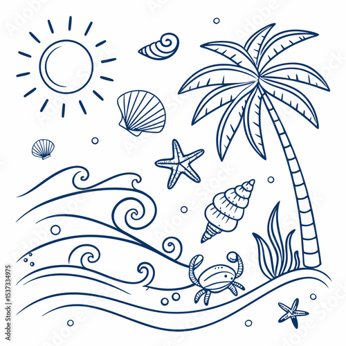 “Tropical Ocean Doodle Elements – Hand-drawn Summer Beach Icons in Blue Line Art”