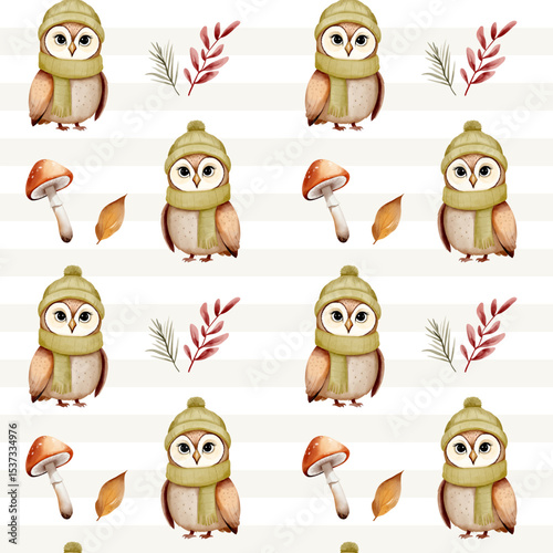 Watercolor pattern with owl, leaves, acorn for autumnal design. Fall seamless pattern. Autumn woodland