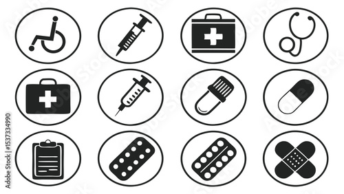 Black and white medical icons illustrating healthcare clinic supplies and medical equipment