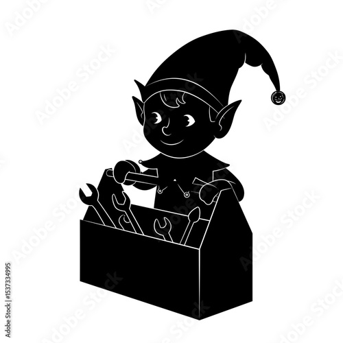 Silhouette of an elf with a toolbox full of tools