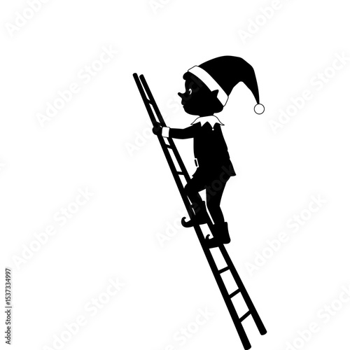 Silhouette of elf climbing a ladder in black and white