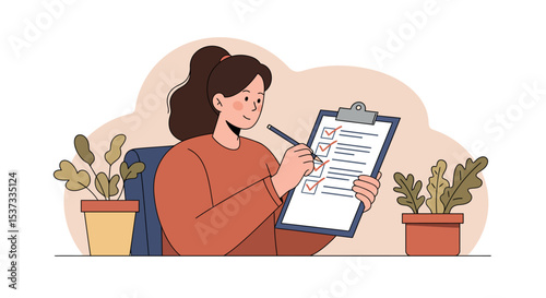 Productivity checklist concept with happy person and plants for office or home workspace inspiration vector illustration