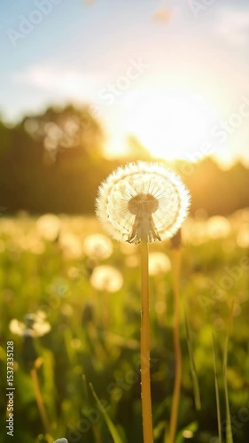 Dandelion seed head blowing in a sunlit meadow with dispersing seeds, soft focus, natural spring background.