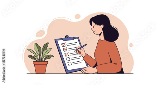 Woman completing checklist for task organization concept vector illustration