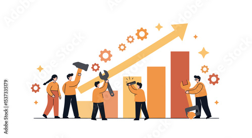 Teamwork and growth concept with people collaborating to build success and achieve business goals vector illustration