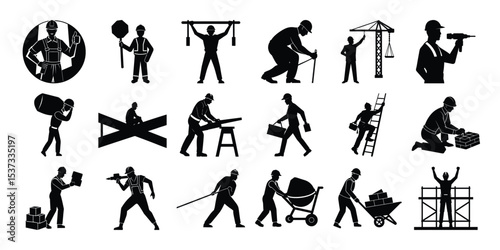 Collection of construction worker set isolated on white background. Construction worker silhouette illustration set.