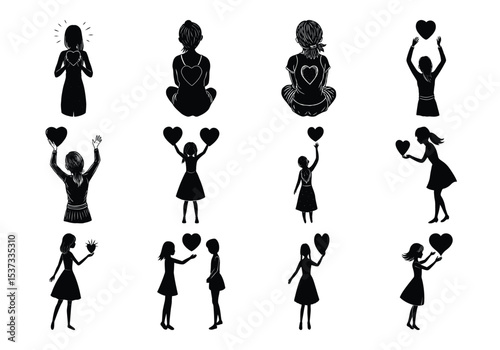 Silhouette of girl with love or heart set. silhouette of girl symbolizing love set.