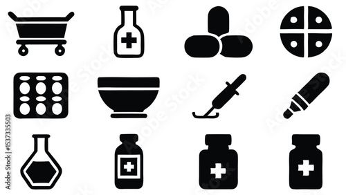 Black and white pharmacy and medicine icons representing various medical supplies and healthcare.