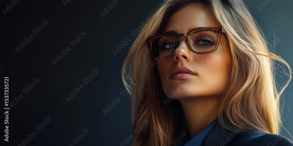 custom made wallpaper toronto digitalModel with stylish glasses poses confidently against a dark backdrop, highlighting her striking features and professional attire