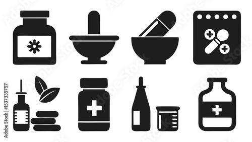 Black silhouettes of medical tools pharmacy equipment and herbal remedies isolated on white background