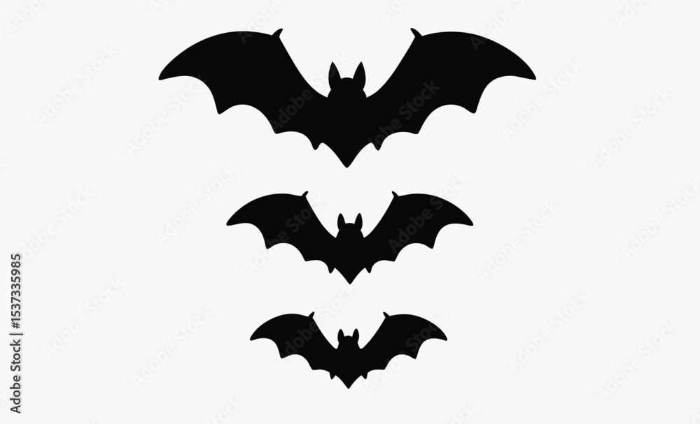 Naklejka premium Halloween bat icons, spooky flying bats, black bat silhouettes,