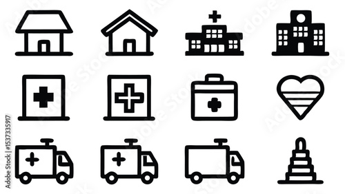 Collection of black and white healthcare icons featuring hospitals ambulances and medical symbols