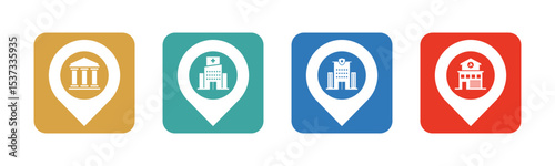 Public building and Pin icon set illustration vector. Courthouse, Hospital, Police Station, Fire Station, with location sign and symbol.