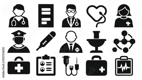 Collection of black and white medical icons representing healthcare and medical concepts