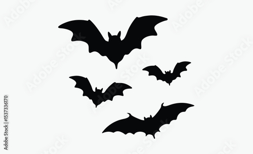 Halloween bat icons, spooky flying bats, black bat silhouettes,