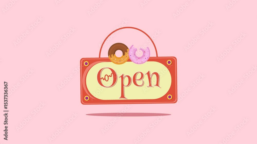Cute and colorful animation of a shop sign switching from “Closed” to “Open” with decorative donuts. Perfect for bakery, dessert shop, cafe, or small business video content.