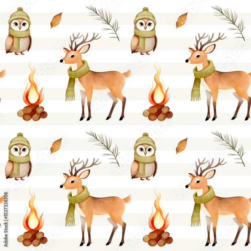 Watercolor pattern with cute deer and owl for autumnal design. Fall seamless pattern. Autumn woodland