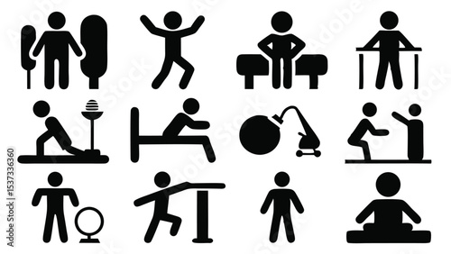 Collection of black pictograms depicting various fitness activities and exercises