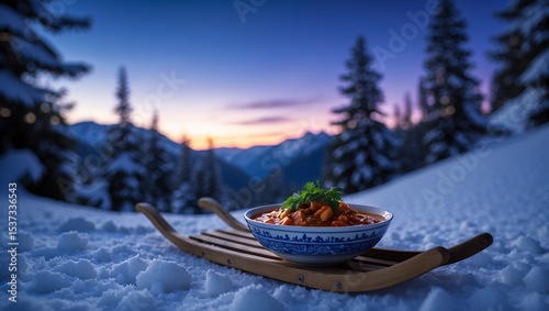 Bowl of food on sled in winter mountain landscape