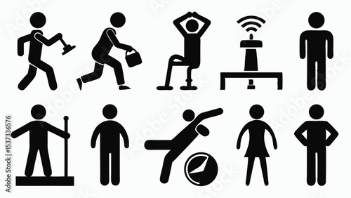 Collection of black silhouette stick figures representing daily activities and various exercises